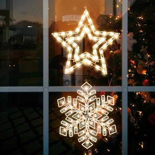 2 Pack Christmas Window Lighted Decorations,Christmas Window Silhouette Lights,Double Side Sign Lamp Decoration for Holiday Indoor Wall Door Glass Decorations,Star，Snowflake by XMASNOVA