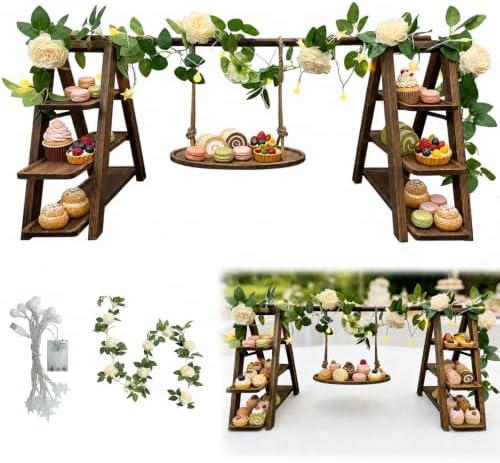 Wooden 3 Tier Cupcake Stand with Swing, Star String Lights & Champagne Flower Vine, Rustic Dessert Table Display Set, Tiered Food Serving Tray for Party, Wedding, Catering Centerpieces by Unknown