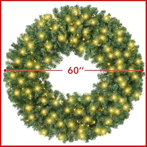 Casafield 60" Pre-Lit Fir Artificial Christmas Wreath Holiday Décor, 300 LED Lights, 1140 PVC Tips for Front Door, Window, or Mantel - Image 5