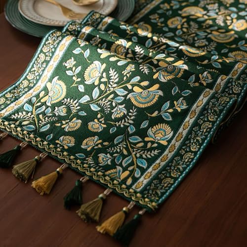 Spring Floral Table Runner 95in Long - Nordic Vine Green Embroidery Jacquard with Tassels, Elegant Easter & Mother's Day Decor for Farmhouse Dining Table, Wedding & Dresser (Vine Green, 13.7"x95") - Image 2