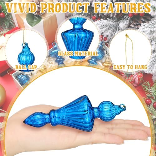 Mifoci 8 Pcs 6 Inch Mercury Glass Finial Christmas Ornaments,Blue, Gold - Image 5