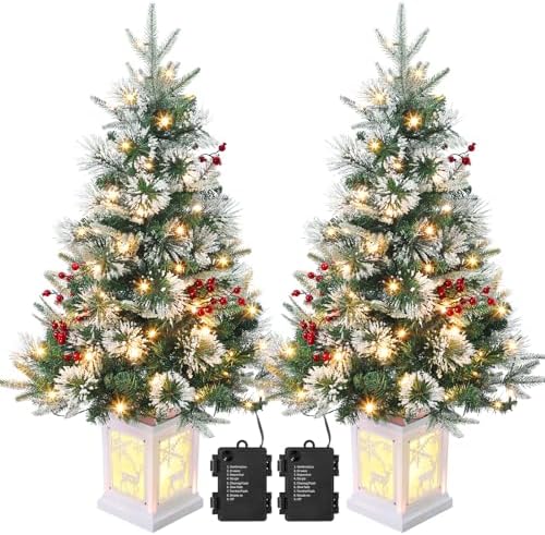 3ft Prelit Snow Flocked Christmas Tree with Light Up White Moose Box Base by GaoMon