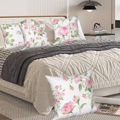 Pink Roses Throw Pillow Covers Blooming Floral Set of 4 Vintage Countryside Small Flower Green Leaves Linen Square Pillowcases for Couch Sofa Bedroom Patio Farmhouse Chair 26x26 Inch - Image 3