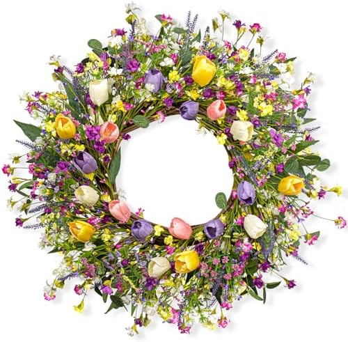22 Inches Spring Wreaths for Front Door Rustic Summer Door Wreath Colorful Spring Floral Wreaths Farmhouse Summer Tulip Wreath for Window Front Porch Home Indoor Inside Outside Decoration by DIYFLORU
