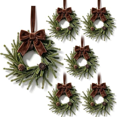 6 Set Classic Christmas Hanging Wreaths Small Artificial Cedar Wreaths with Brown Velvet Ribbon Pine Cones Mini Faux Greenery Wreath for Front Door Porch Cabinet Window Xmas Holiday Decorations by Unknown