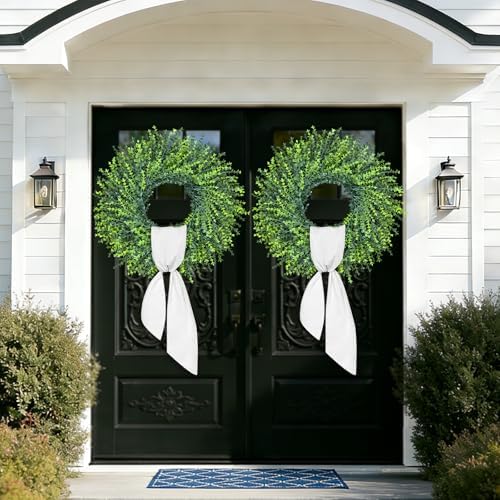 HUZIYAHAN 28In Large Boxwoods Door Wreaths for Front Door Spring Summer Outside All Season Green Year Round Artificial Greenery Wreath for Wall Window Rustic Farmhouse Home Outdoor Indoor Decorations - Image 3