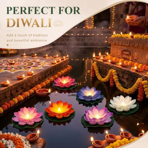 Liliful 24 Pcs Diwali Floating Lotus Lights, 5.91 Inch, 6 Colors - Image 4