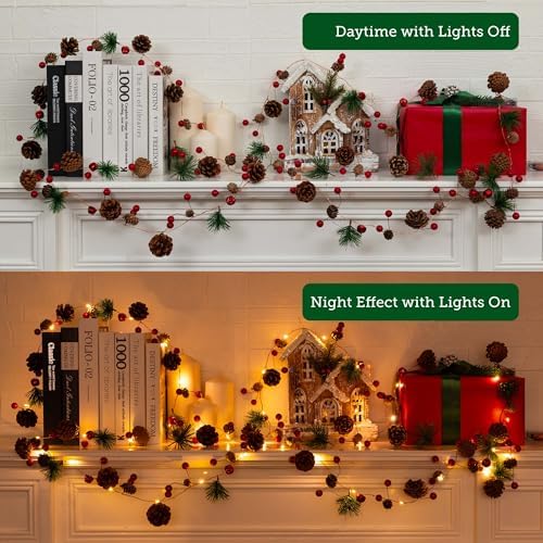 Christmas Garland with Lights, 6.7Ft 20 LEDs Pine Cone Battery Operated Garland with Lights, Christmas Fairy Lights with 8 Modes, Red Berry Xmas Garland Indoor Outdoor for Tree Decor(2pack) - Image 3