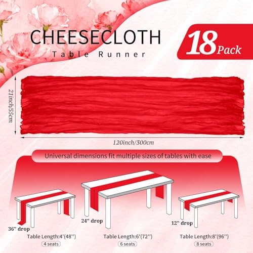 18 Pack Cheesecloth Table Runner 10FT Red Table Runner Boho Gauze Cheese Cloth Table Runners Long Rustic Sheer Table Decorations for Wedding Party Baby Bridal Shower Birthday Holiday Home - Image 2