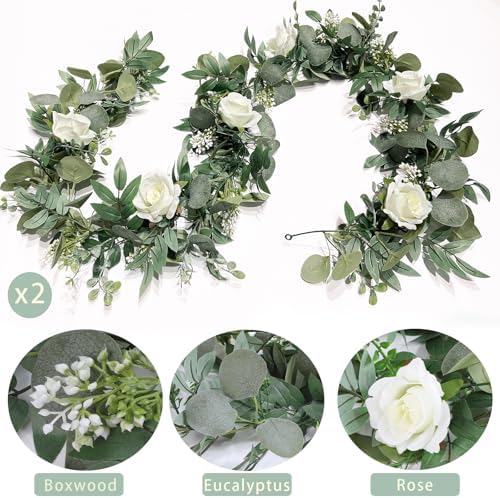 2 Pack Artificial Eucalyptus Flower Garland with White Roses, 13Ft Fake Rose Flower Greenery Garland Floral Vines for Wedding Home Party Table Runner Decor (White) - Image 5