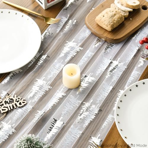 Artoid Mode 6PCS White Silver Christmas Tree Gauze Table Runner 120 Inch 10FT, Glitter Metallic Foil Seasonal Sheer Dining Holiday Table Decor for Home Party - Image 4