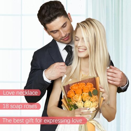 EIGHTOWN Roses Bouquet Artificial Flower - Preserved Orange Rose Flowers with Love Necklace for Her - Unique Gifts Valentine's Day, Mother's Day, Thanksgiving, Birthday, Anniversary - Image 3