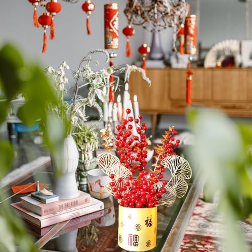 Chinese New Year Table Ornament, Artificial Branches Fortune Lucky Tree, Spring Festival Artificial Red Berry Flower Arrangement for Asian Lunar New Year Desktop Centerpiece - Image 2