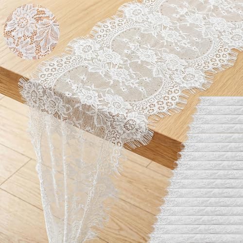 16 Pcs Lace Table Runner White Rustic Lace Fabric Table Runners with Rose Embroidered Floral for Wedding Bridal Vintage Boho Table Runners Thanksgiving Christmas Party Decoration 14 x 120 Inch - Image 2