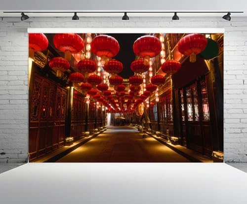 9x6ft China Vintage Street Backdrop Asia Chinese Lunar New Year Red Lanterns Wooden Building Night View Background Asian China Travel Party Decor Photo Studio Booth Props Wallpaper - Image 2
