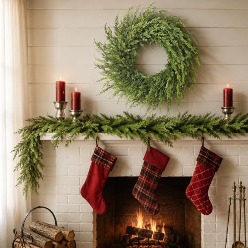24" Artificial Christmas Cedar Wreath for Front Door Home Decoration - Image 4