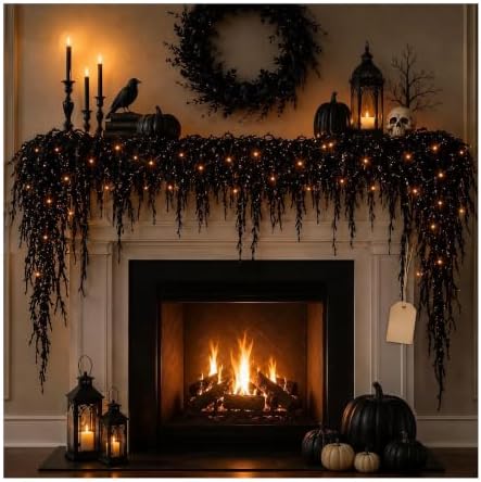Halloween Garland with Lights, Black Vine Garland for Fireplace Mantel, Halloween Mantel Decor, Gothic Party Decoration, Flexible Indoor Hanging Decor (9 FT (2.7M)) by MATISUN
