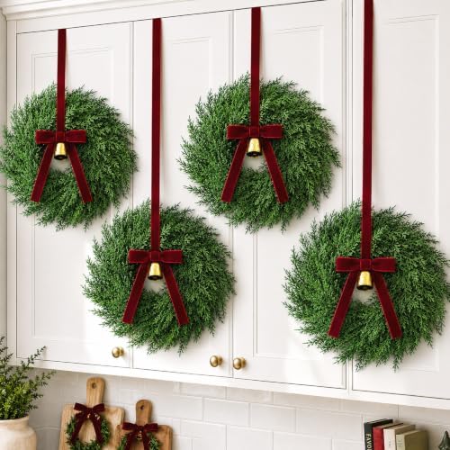 Christmas Decorations, Mini Christmas Wreaths for Cabinets with Bows Bells by Zesua