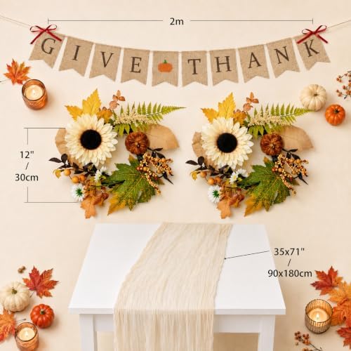 Fall Wreat 2X 12 Handcrafted Harvest Wreaths, Glitter GIVE Thanks Bunting, Ivory Ruched Runner 35x71, Front Door Wall Dining Table Decorh Table Runner Bunting Set Home Decor - Image 3