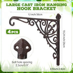 4 Pack Cast Iron Hanging Plant Bracket 12" Outdoor Wall Plant Hangers Hooks Heavy Duty Hanging Bracket Hooks Vintage Decorative Wall Hangers for Pots Bird Feeder Wind Chime (Brown,Classic) - Image 2