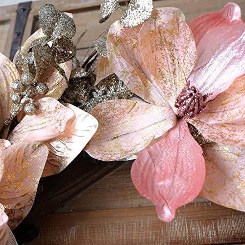 Idyllic 18 Inch Winter and Christmas Magnolia Flowers Gold Glitter Wreath for Home and Front Door Decor, Pink and Gold Magnolia Flower Wreath for Outside All Seasons Spring Indoor Outdoor Decor - Image 4
