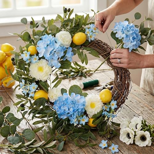 22 Inch Lemon Wreath for Front Door, UV Resistant Blue Hydrangea Olive Branch Floral, Waterproof Spring Summer Wreath - Image 4