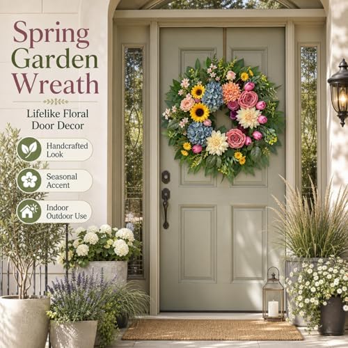 Summer Wreaths for Front Door, 24 Inch Artificial Spring and Summer Wreath with Peonies, Early Summer Chrysanthemums, Hydrangeas, Roses, Sunflowers, and Tulips, Decor for Indoor Outdoor - Image 2