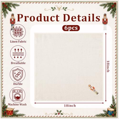 SmoothNovelty 6 Pcs Christmas Nutcracker Cloth Napkins Embroidery Linen - Image 2