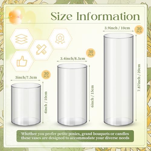 Nuogo 90 Pcs Plastic Cylinder Vases Tall Plastic Flower Vases for Centerpieces Hurricane Candle Holder for Home Wedding Office Party Formal Dinners Decorations (4''/6''/8'') - Image 2