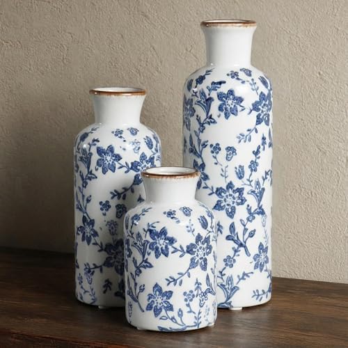 Blue and White Ceramic Vase Set of 3, Vintage Floral Vases for Home Decor by CheeryStow