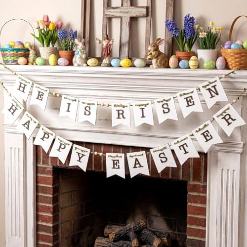 Marsui 2 Pcs He Is Risen Decor Easter Wood Bead Garland Happy Easter Hanging Banner Church Christian He Is Risen Hanging Decor Religious Garland Decoration for Christian Party Fireplace Home Wall Sign - Image 2