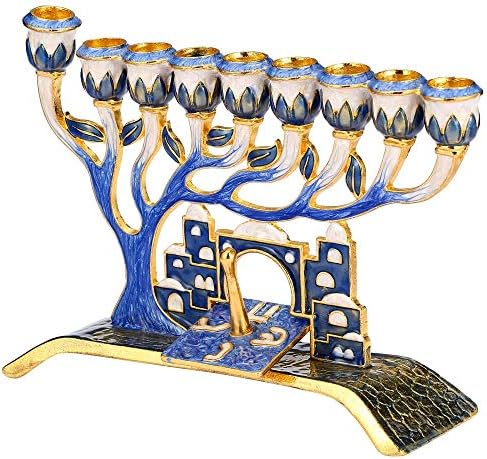 Matashi Hand Painted Blue Enamel Menorah Candelabra Embellished with - Image 3
