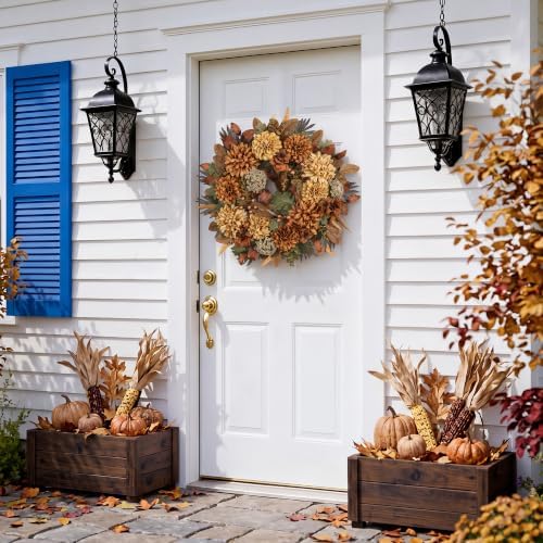 24" Fall Wreaths for Front Door with Mums Dahlias Queen Anne's Lace - Image 6