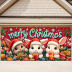 Bunnies Garage Door Banner 16x7 Ft - Rabbits in Santa Hats for 2 Car Garage Cute Decor by THISFIND