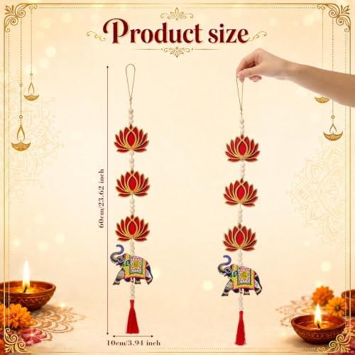 8 Pcs Indian Pichwai Style Diwali Hanging Decor, Red Lotus with Elephant - Image 2