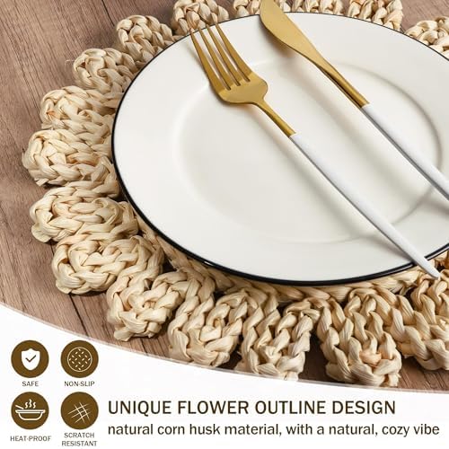 Kochorie 13.8 Inch Round Woven Placemats Set of 6 Handmade Corn Husk Placemats Natural Boho Rattan Woven Placemat Table Wicker Placemat for Farmhouse Spring Home Table - Image 3