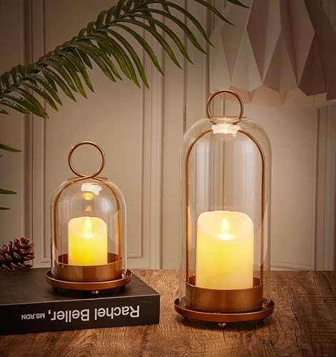 Candle Holder Lanterns, Handcrafted Metal & Glass with Modern Aesthetic Design, Hurricane Pillar Candlestick Holders, Table or Hanging Decorations Set of 2, 5.1" & 4.4" Diameter, Gold - Image 2