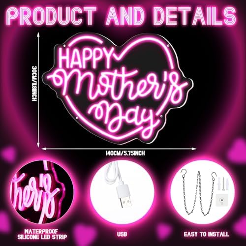 Retisee Large Happy Mother's Day Neon Signs Heart Light Up Happy Diwali Signs Wall Decor for Home Bedroom Living Room Mom's Birthday Gifts(Happy Mother's Day) - Image 3