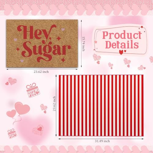2 Pcs Hey Sugar Door Mat, Valentine Door Mat Valentines Day Welcome Mat Non Slip Coir Doormat Red and White Striped Mat Layering Doormats for Home Bathroom Front Porch Entryway Decor 24"x 32" - Image 2