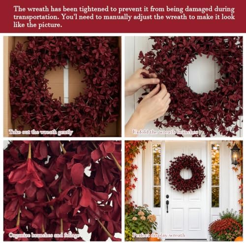 24 Inch Burgundy Fall Wreaths for Front Door, Artificial Forsythia Wreath - Image 3