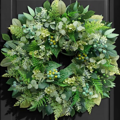 26 Inch Green Wreath for Front Door - Artificial Greenery Wreath with Berries, Indoor Outdoor All Season Year Eucalyptus Wreath for Farmhouse Home Decor, Spring Summer Fall Winter by Rimalo