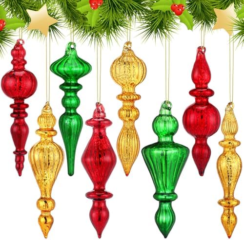 Mifoci 8 Pcs 6 Inch Mercury Glass Finial Christmas Ornaments,Red,Gold,Green by Mifoci