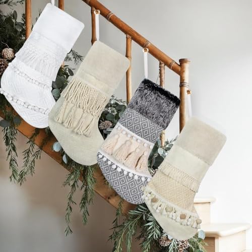 BHD BEAUTY New Farmhouse Bohemian Style Christmas Stocking Set of 4 Tassel Xmas Stocking Boho Macrame Decorations Mantel Hanging Ornament for Xmas Holiday Party - Image 5
