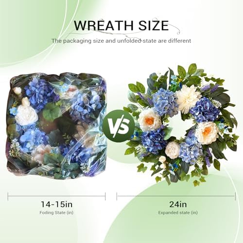 24 Inch Spring Wreaths for Front Door, Spring Summer Door Wreath with Blue Hydrangea White Peony Flower Wreath for All Season Outside Indoor Outdoor Home Porch Wall Decor - Image 3