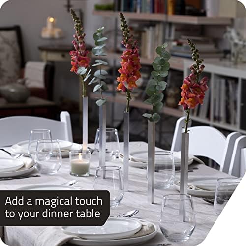 PELEG DESIGN Magnetic Bud Vase Set (Silver) - Unique Home Decor Gift & Modern Table Centerpiece - 5 Aluminum Single Stem Vases - 9.4" Tall Gravity Defying Decor - Image 4