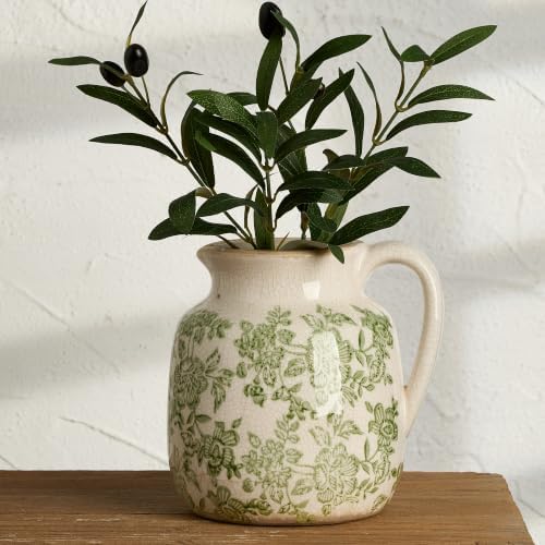 Ceramic Vintage Flower Vase, Utensil Holder, Green and White Decorative Vase Chinoiserie Decor Rustic Farmhouse Retro Floral Vases for Table Bookshelf Mantel Kitchen Living Room - 6.7” Green 016 - Image 7