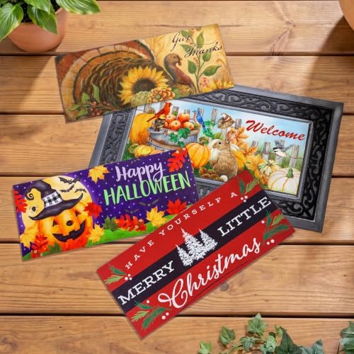 Evergreen Sassafras Fall Christmas Holiday Doormat Insert Bundle & Tray Set of 5, Interchangeable Entrance Door mats Indoor and Outdoor Welcome Mat 30 x 18 Tray Non Slip Backing Low Profile by EvergreenFlag