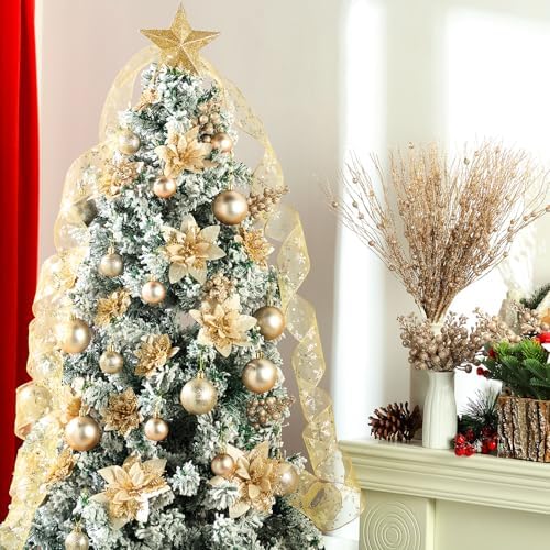 Realspring 72 Pieces Christmas Tree Ornament Set Xmas Assorted Decorations Bulk Glitter Poinsettia Berry Picks Topper Star Sequin Tree Skirts for Home Wreaths Holiday Party Favors (Champagne Gold) - Image 5