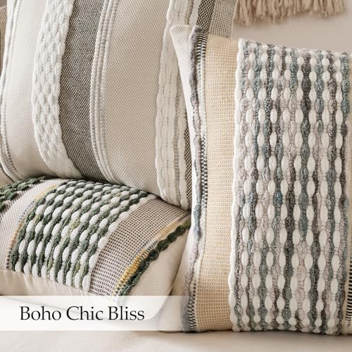 ANRODUO Boho Decorative Pillow Covers Gray Blue Stripe 22x22 Inch Pack of 2 - Image 5