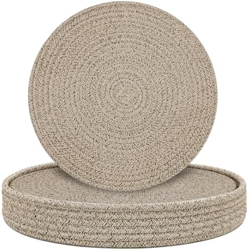Round Placemats Set of 6 with Holder, Cotton Rope Woven Place Mats, Hot Pads for Kitchen, Heat Resistant Table Mats, 13 Inch Farmhouse Washable Braided Placemat for Kitchen Decor (Brown) by Welcometobuy